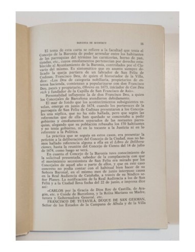 UNIDAD POLÍTICA MUNICIPAL DE LA BARONÍA DE MONTBUY. PLEITO POR LA INDEPENDENCIA DE LA VILLA DE SAN FELIU DE CODINAS. SIGLO XVII